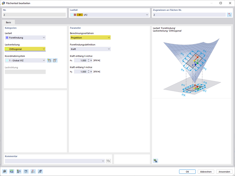 Hledání tvaru zatížení plochy, metoda projekce - ortogonální