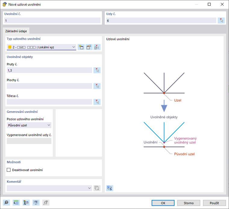 Dialog „Nové uzlové uvolnění“