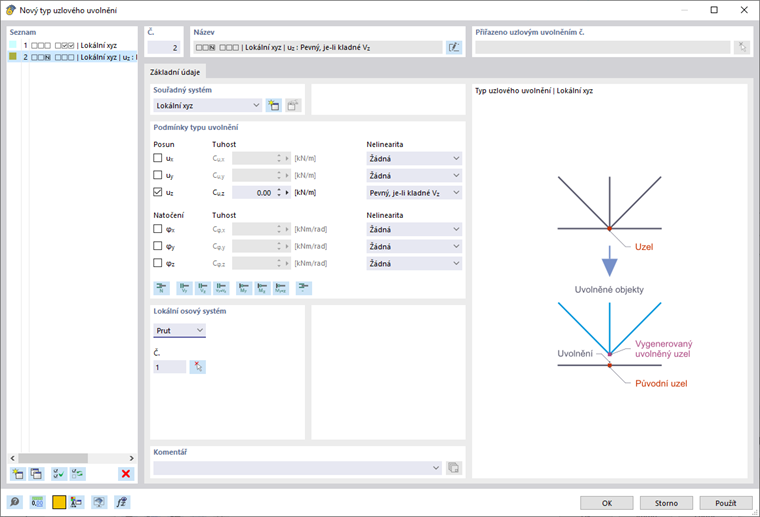 Dialog "Nový typ uzlového uvolnění"
