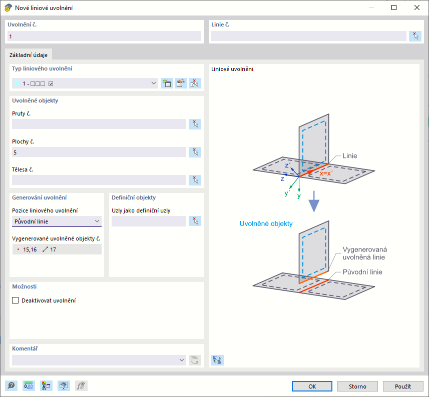 Dialog 'Nové liniové uvolnění'