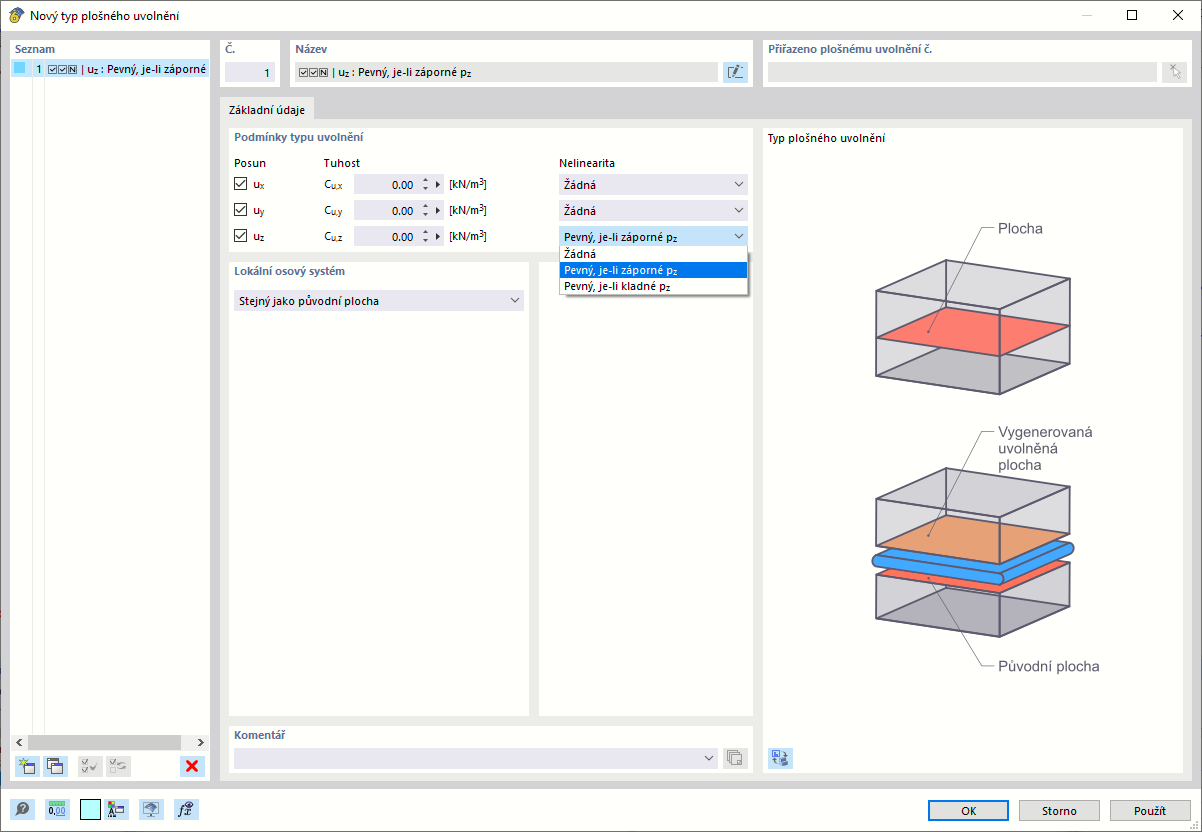 Dialog "Nový typ plošného uvolnění"