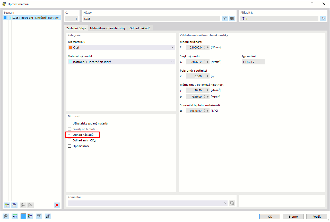 Aktivace volby "Odhad nákladů"
