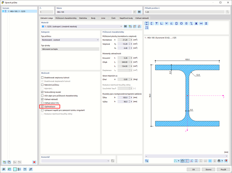 Optimalizace průřezu