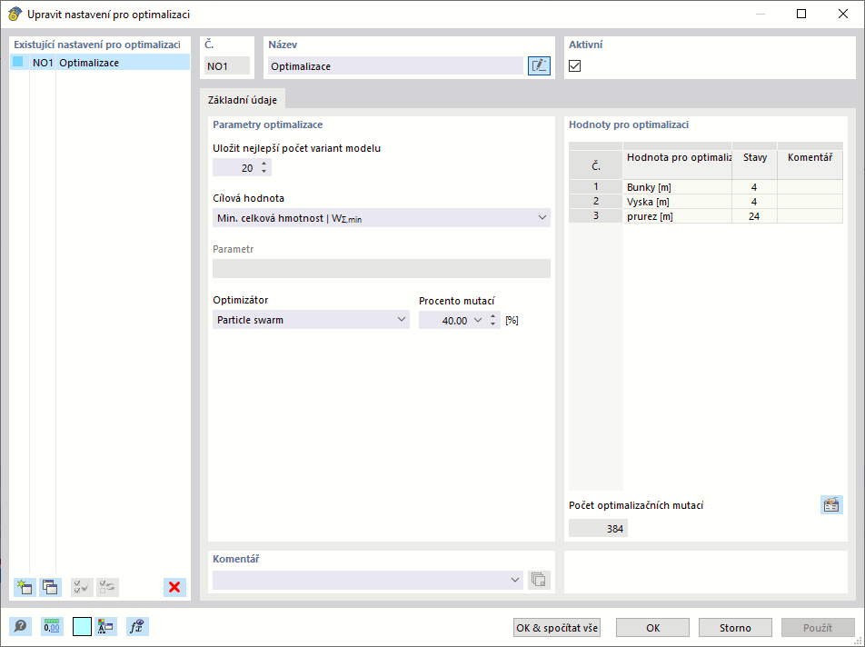 Nastavení pro optimalizaci
