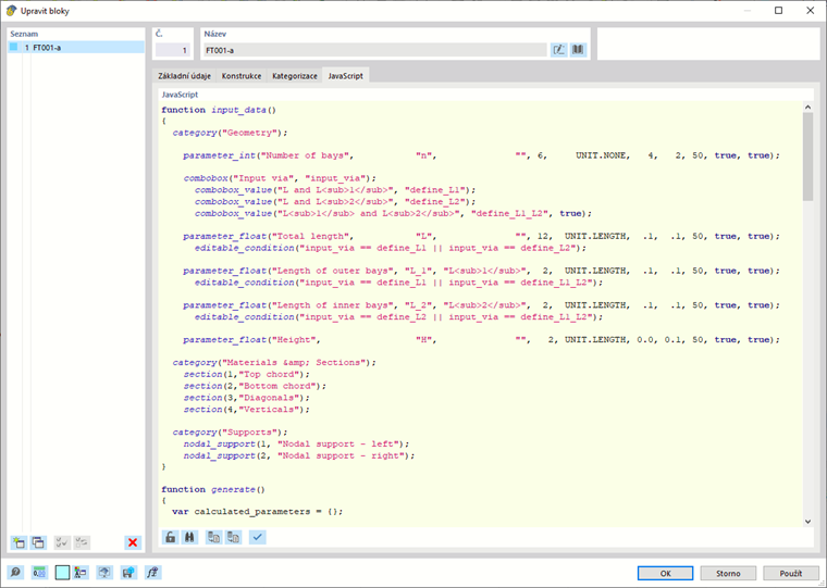 Skript v okně 'Upravit bloky'