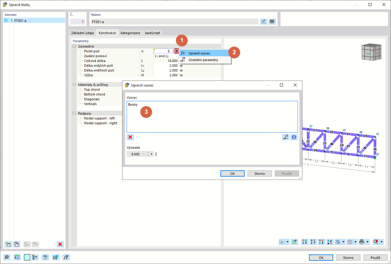 Propojení geometrických parametrů bloku s globálními parametry
