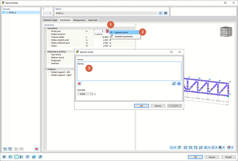 Propojení geometrických parametrů bloku s globálními parametry