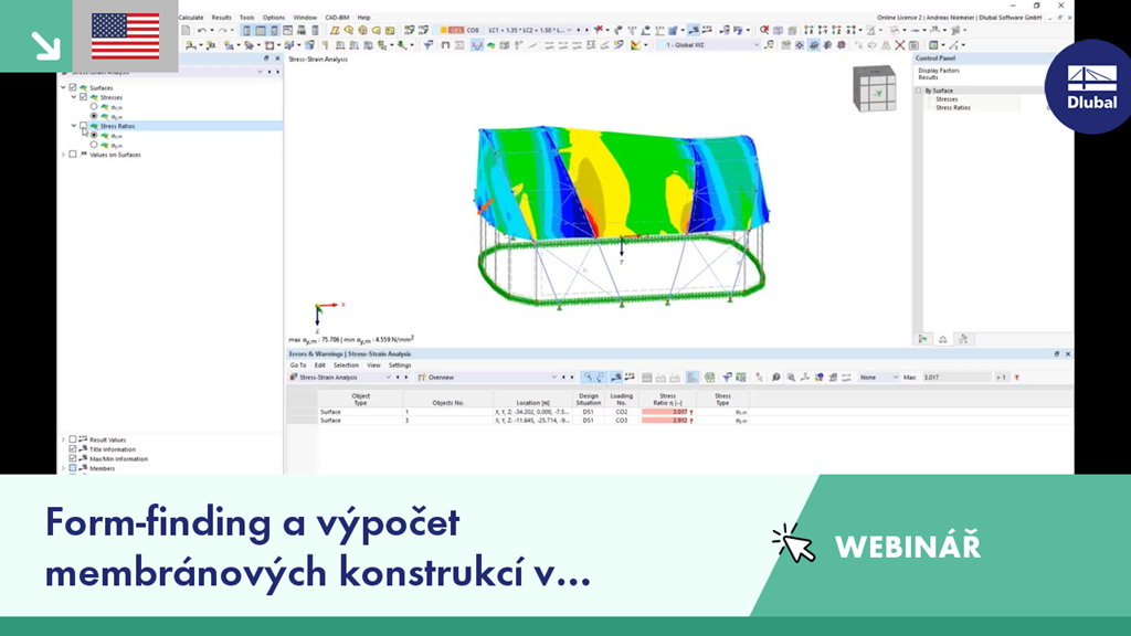 Snímek obrazovky z webináře o tvarování a výpočtu membránových konstrukcí v inženýrství pomocí programu RFEM 6.