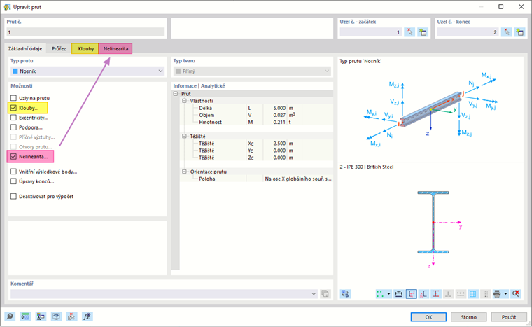 Opatřit prut (základní objekt) kloubem a nelinearitou (typy pro pruty)