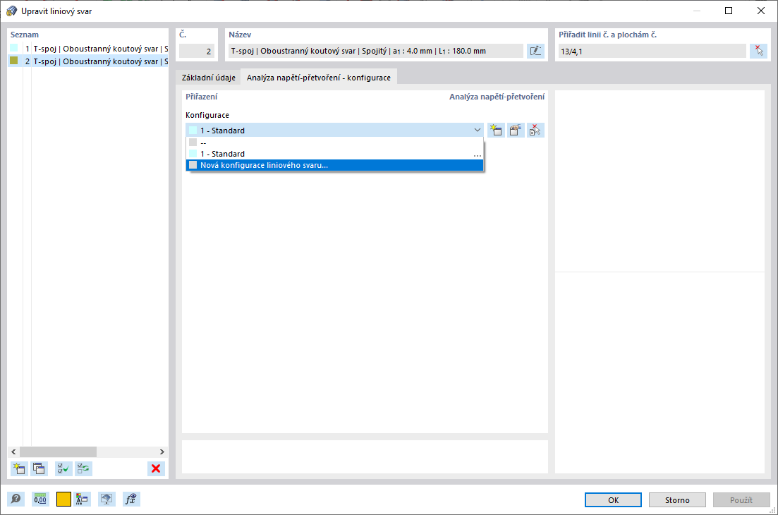 Konfigurace analýzy napětí-přetvoření v dialogu „Nový liniový svar“