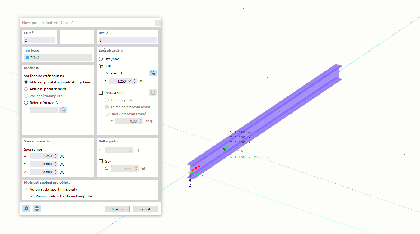 Nastavení prutu graficky ve vzdálenosti