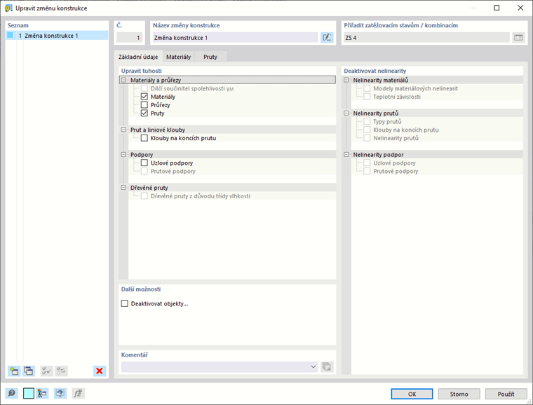 Dialog 'Nová úprava konstrukce'