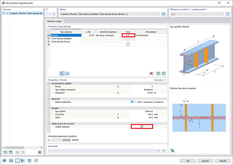 Vícenásobné zadání příčných výztuh a jejich zohlednění v návrhových addonech