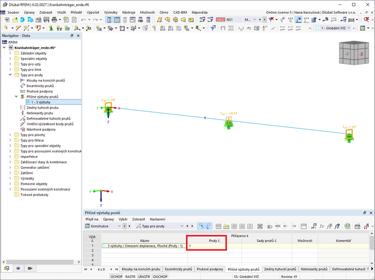 Příčné výztuhy prutů přiřazené prutu