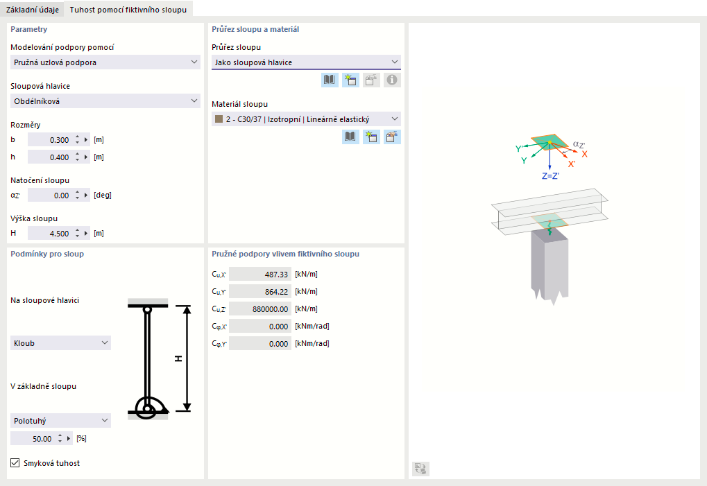 Zadání tuhosti pomocí fiktivního sloupu