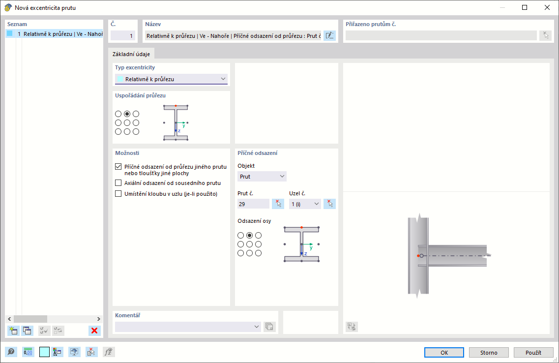 Dialog "Nová excentricita prutu"