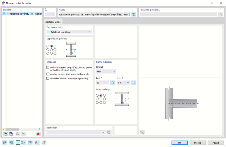Dialog "Nová excentricita prutu"