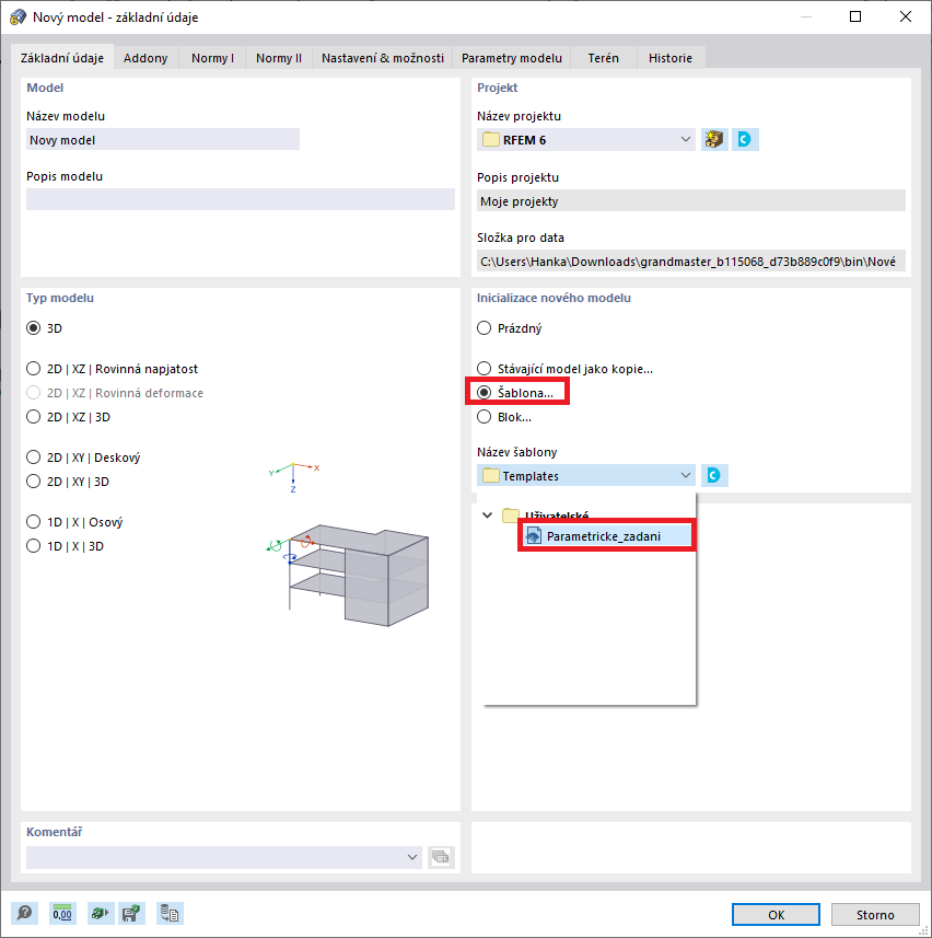 Probíhá import šablony do nového souboru modelu