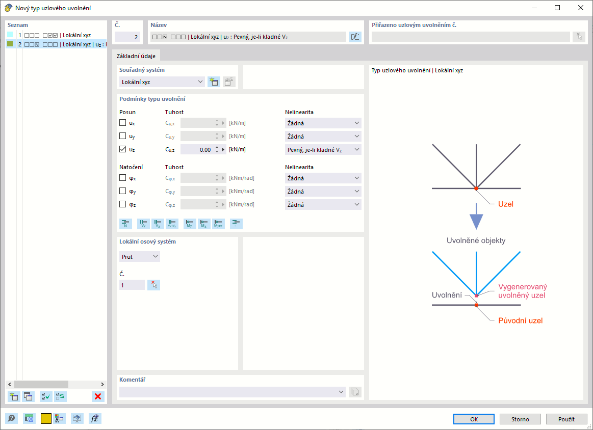 Dialog "Nový typ uzlového uvolnění"