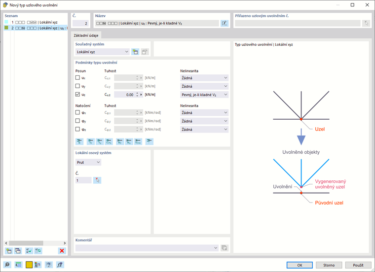 Dialog "Nový typ uzlového uvolnění"