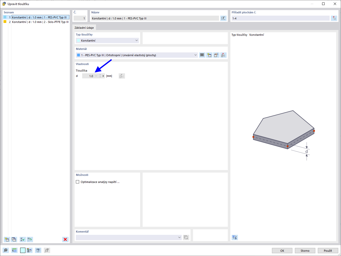 Typ konstantní tloušťky - tkanina