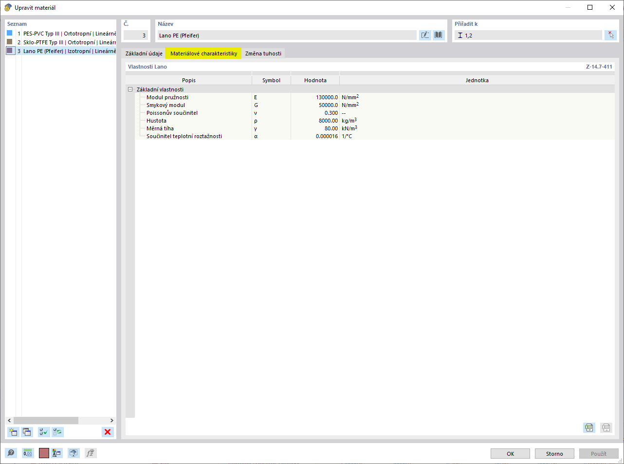 Vlastnosti materiálu: Vlastnosti lana