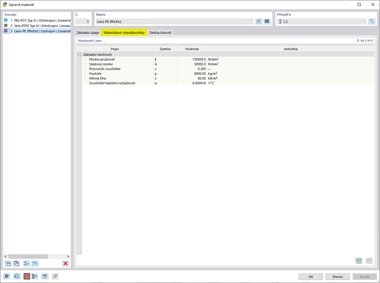 Vlastnosti materiálu: Vlastnosti lana
