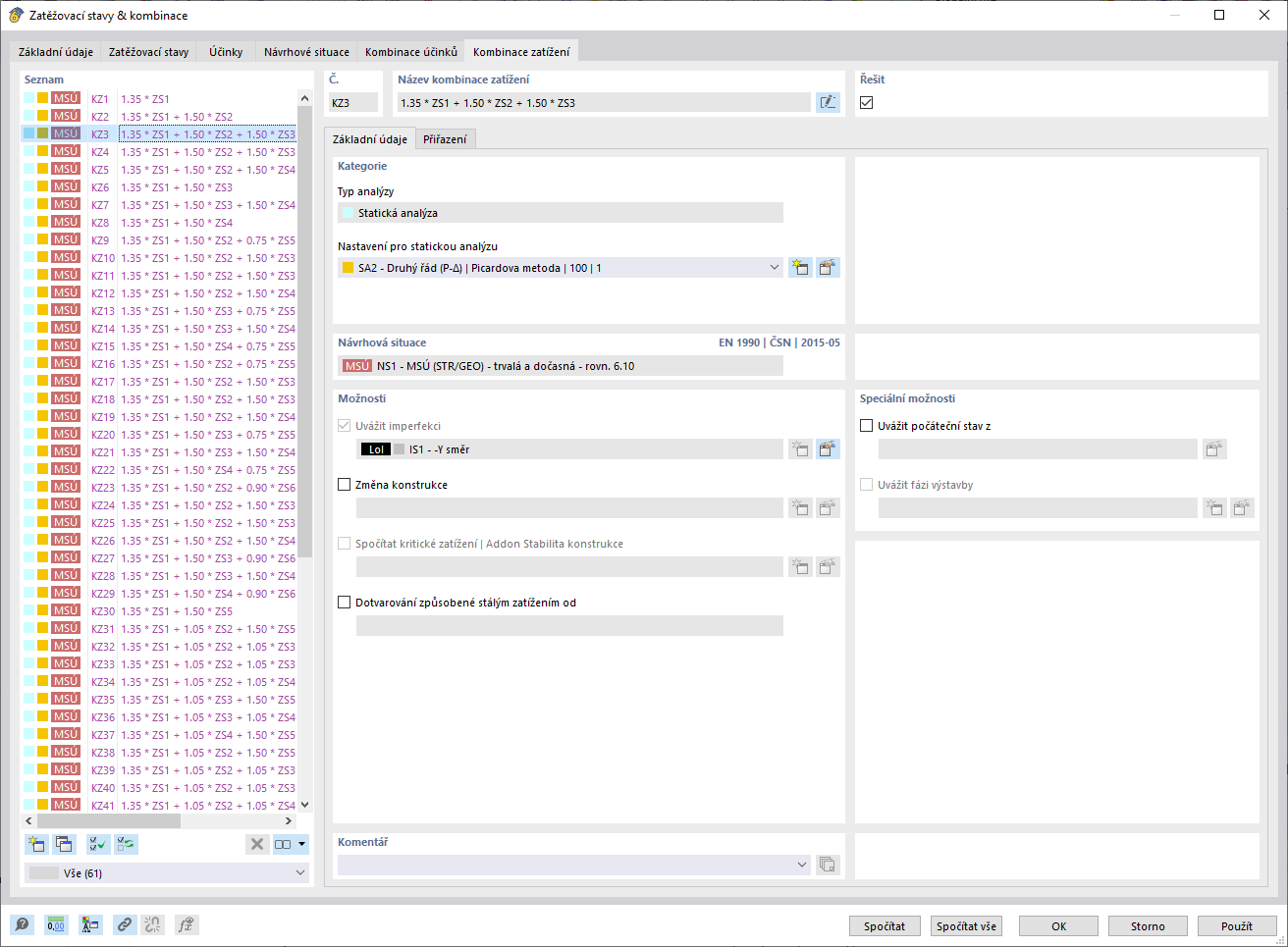 Dialog 'Zatěžovací stavy a kombinace', záložka 'kombinace zatížení'