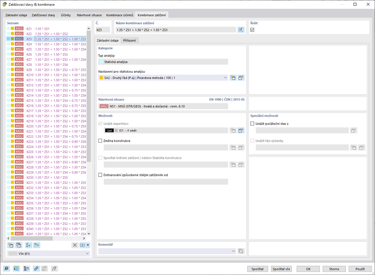 Dialog 'Zatěžovací stavy a kombinace', záložka 'kombinace zatížení'