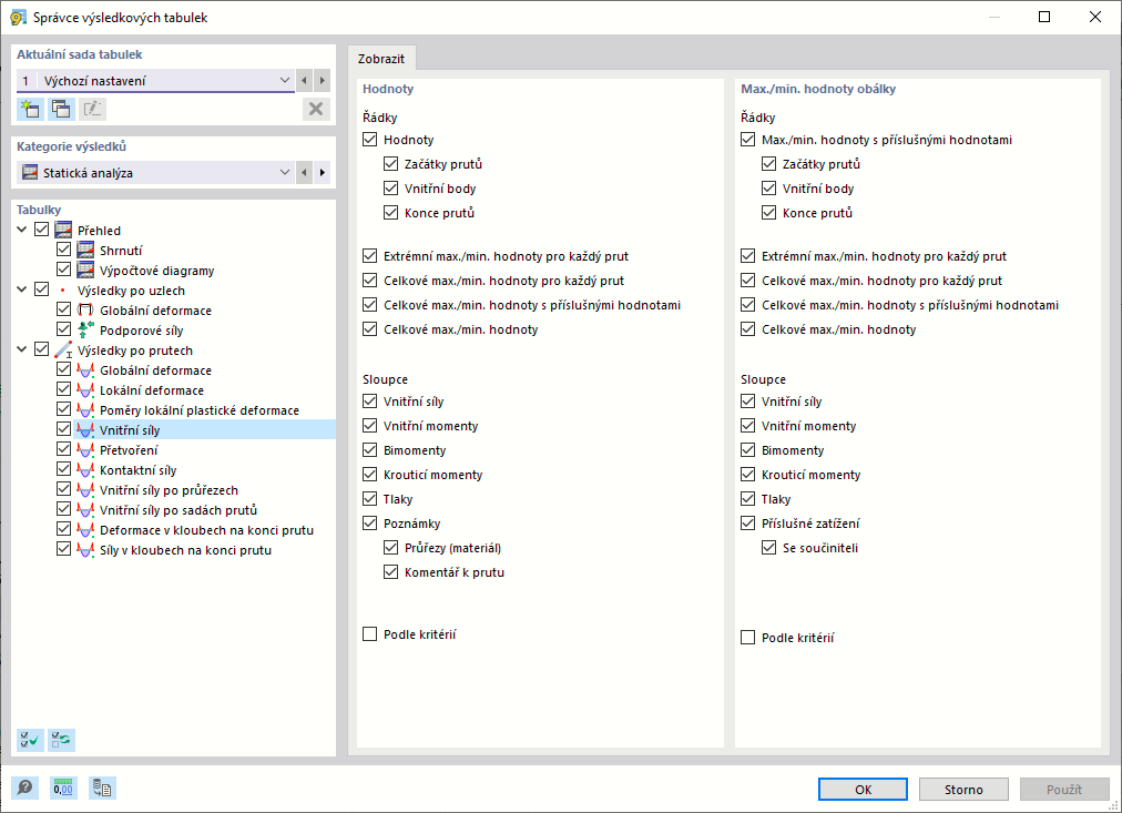Výběr výsledků a detailů ve Správci výsledkových tabulek