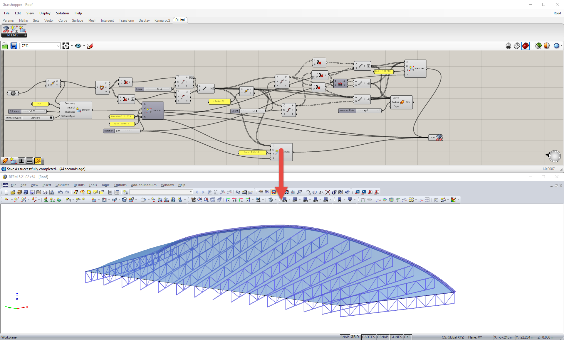 Generování střechy z příhradových vazníků v programu Grasshopper (výše) a RFEM (níže)