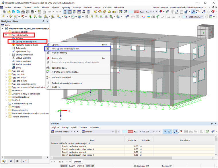 „Úpravy výsledků ploch“ v navigátoru Data