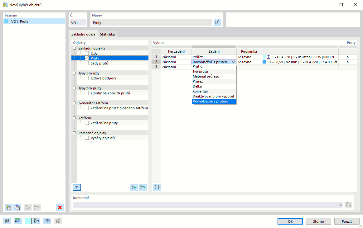 Dialog "Nový výběr objektů"