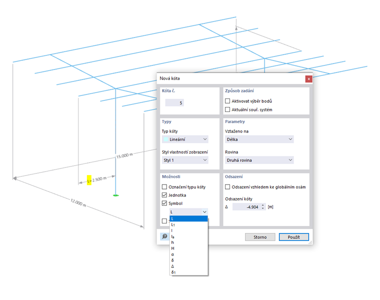 Použití kóty se symbolem