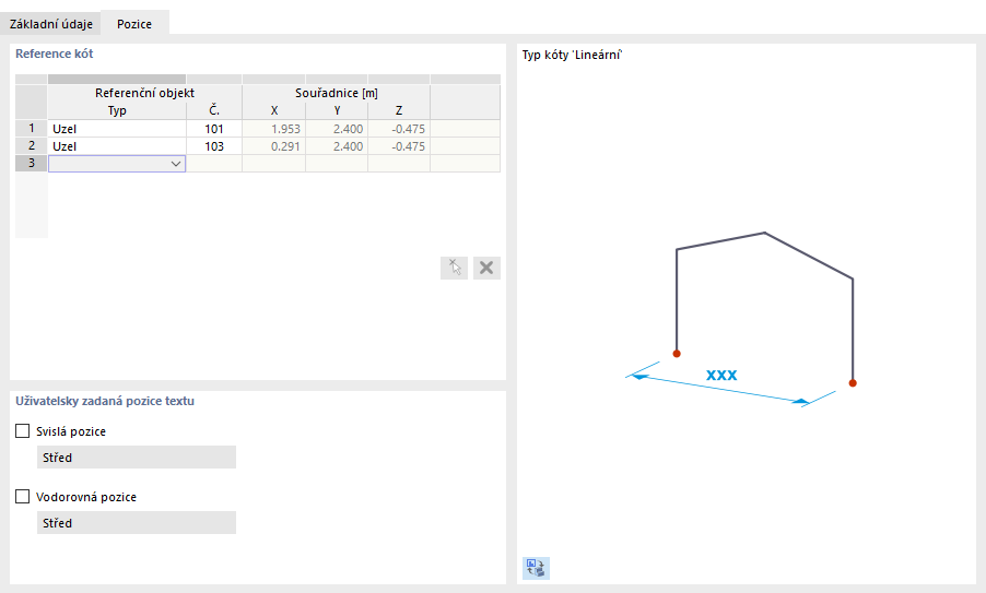 Zadání referenčních objektů lineární kóty