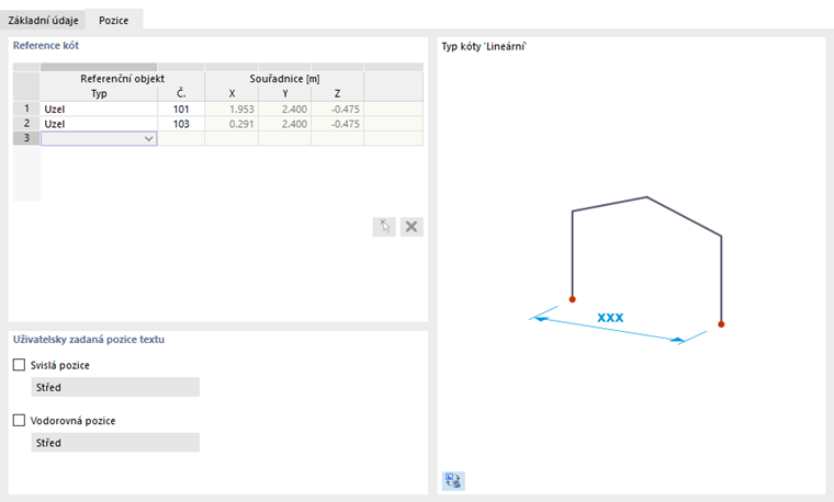 Zadání referenčních objektů lineární kóty