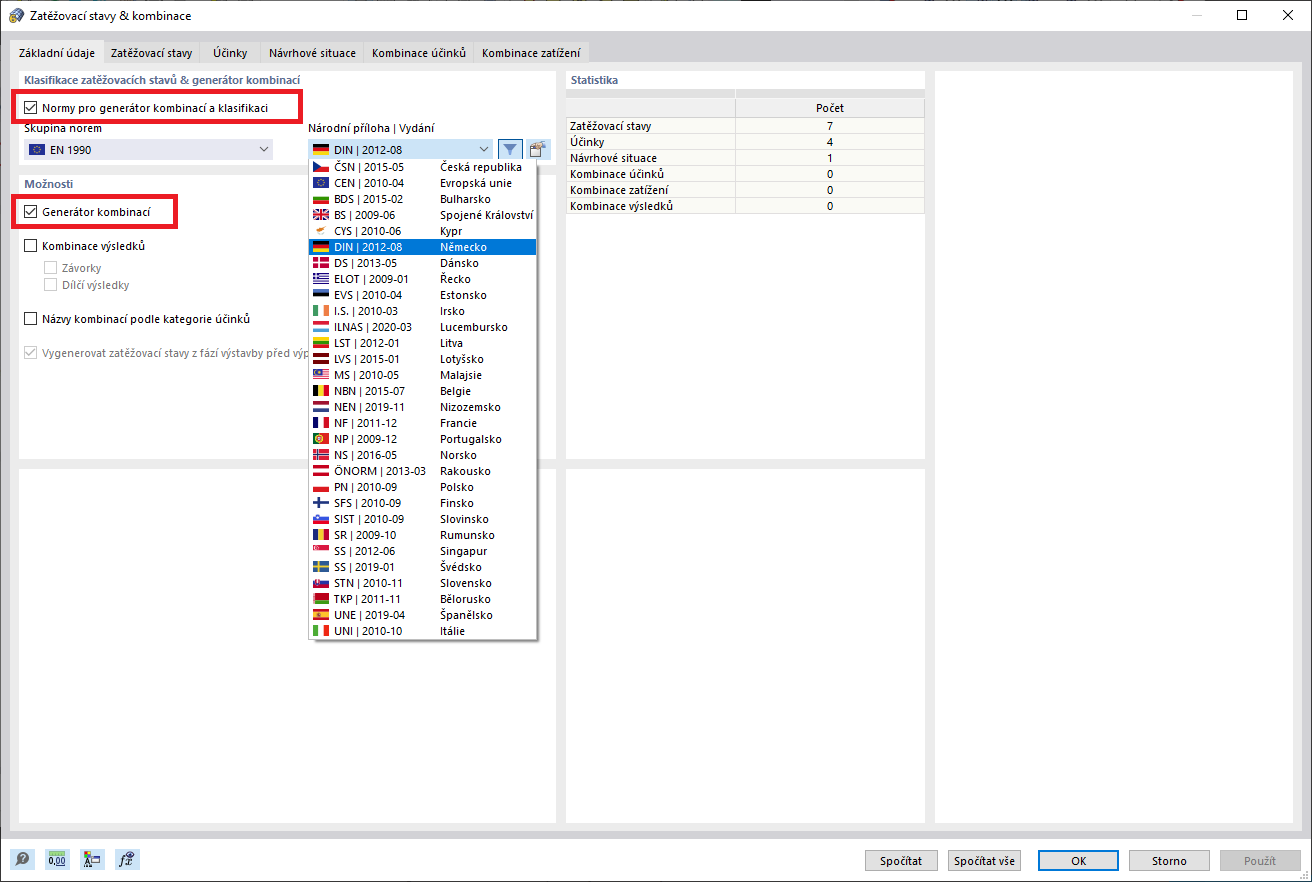 Aktivace generátoru kombinací a norem pro generátor kombinací a klasifikaci
