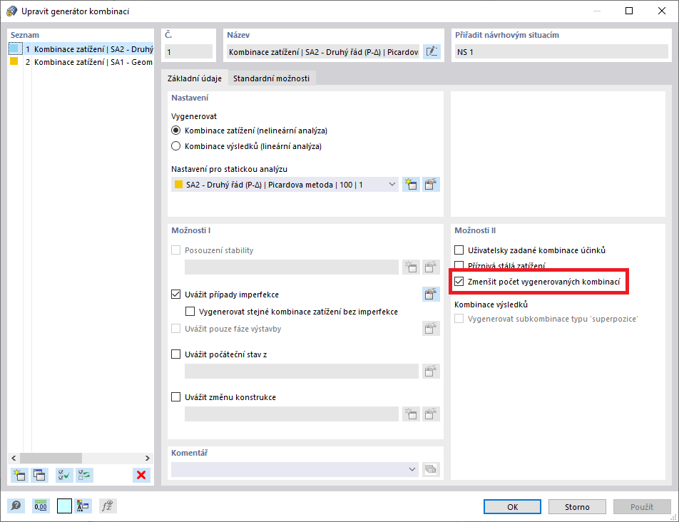Možnost „Snížit počet vygenerovaných kombinací“ v generátoru kombinací