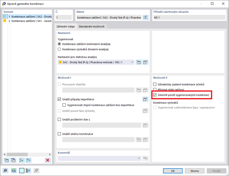 Možnost „Snížit počet vygenerovaných kombinací“ v generátoru kombinací