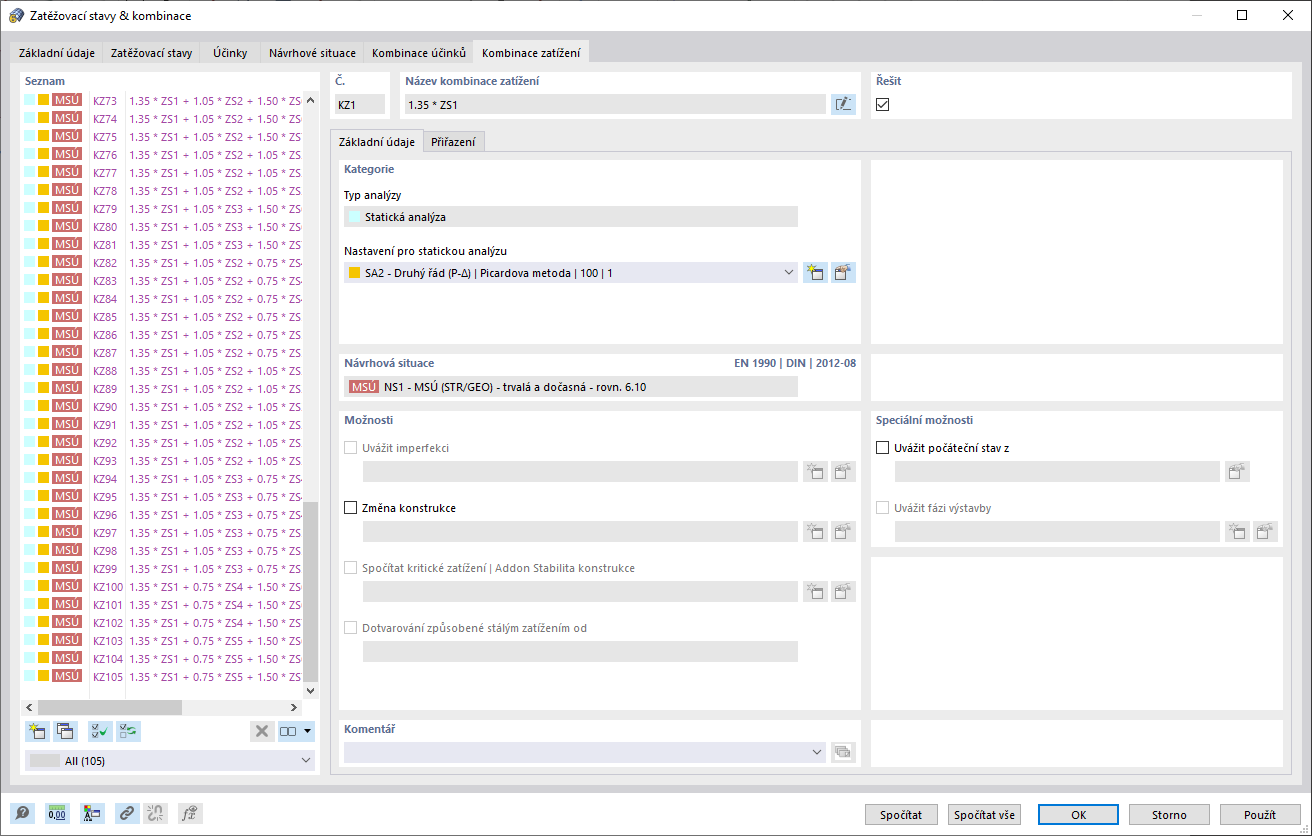 Počet kombinací zatížení bez redukce