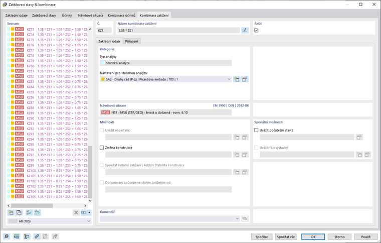 Počet kombinací zatížení bez redukce