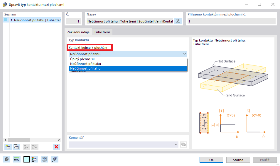 Dialog „Nový typ kontaktu mezi plochami“: Kontakt kolmo k plochám