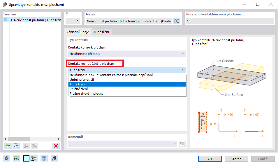 Dialog „Nový typ kontaktu mezi plochami“: Kontakt rovnoběžně s plochami