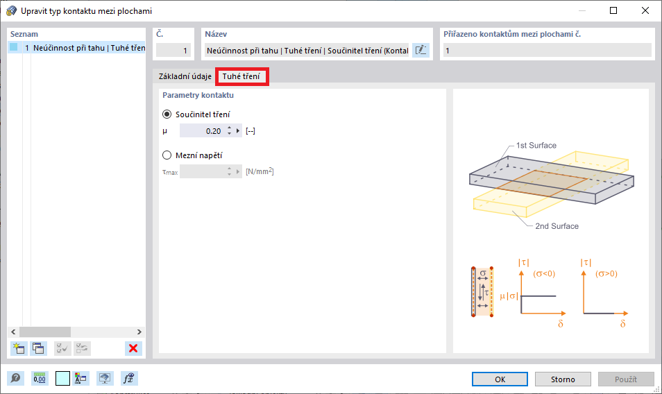Parametry kontaktu pro kontakt mezi plochami typu „Tuhé tření“.