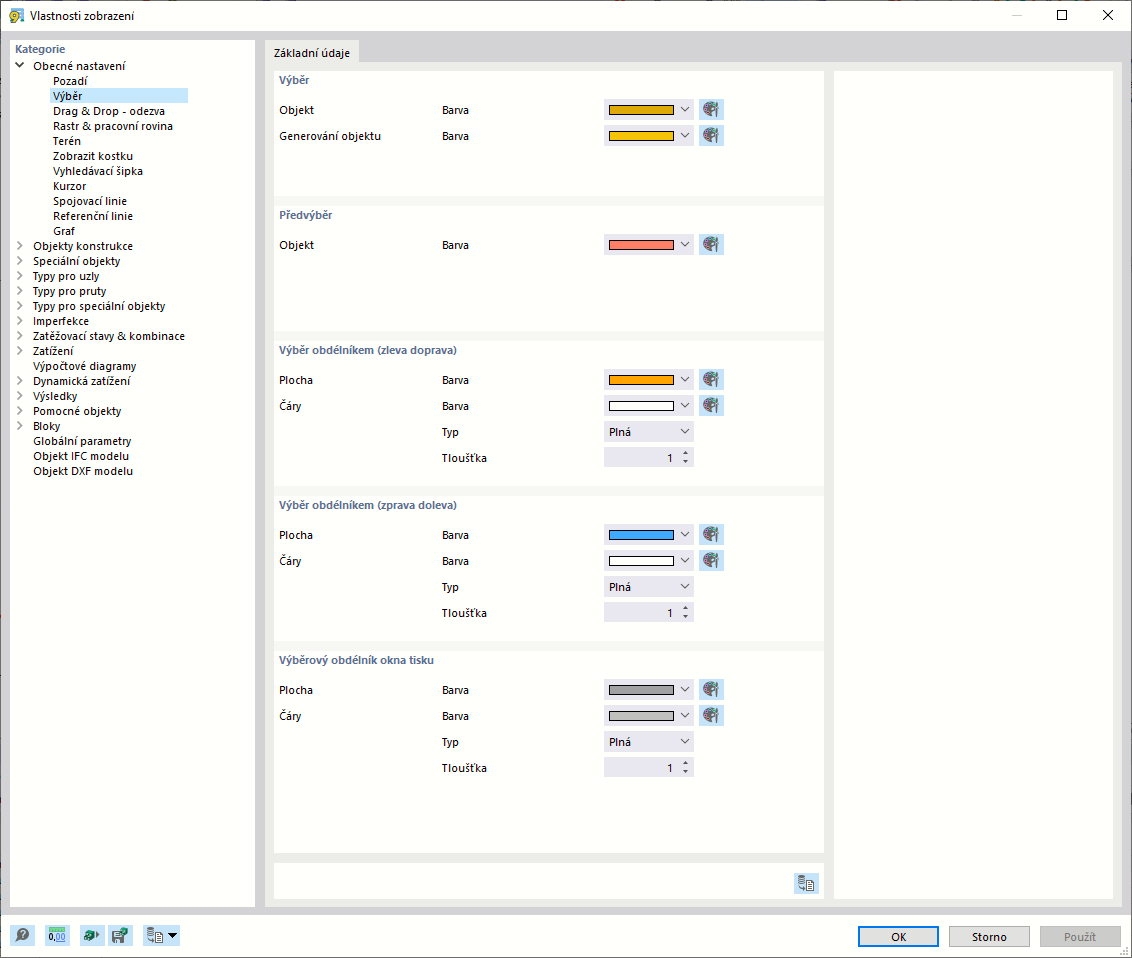 Nastavení barev pro výběr