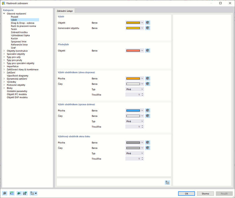 Nastavení barev pro výběr