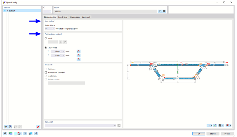 Zadání bodů vložení