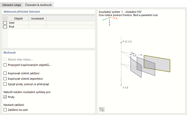 Definice natočení souřadných systémů a zatížení