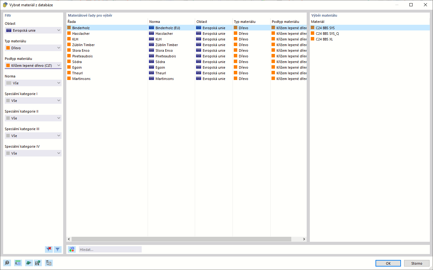 Výběr materiálu z knihovny pro křížem lepené dřevo