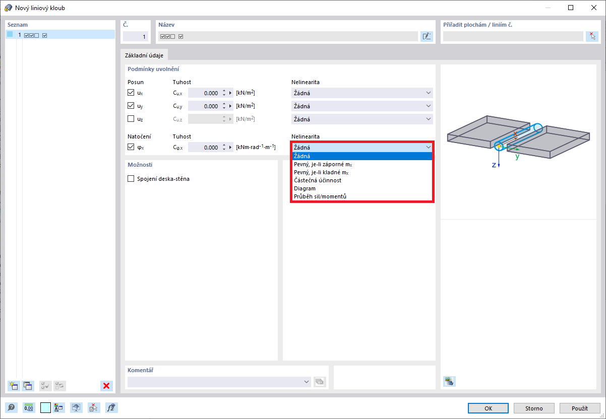 Dostupné možnosti v seznamu nelinearit